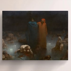 May include: A painting depicting a scene of a dark, shadowy underworld with figures in various poses. Two figures stand out in the foreground, one in a blue robe and the other in a red robe. The scene is filled with a sense of mystery and intrigue.