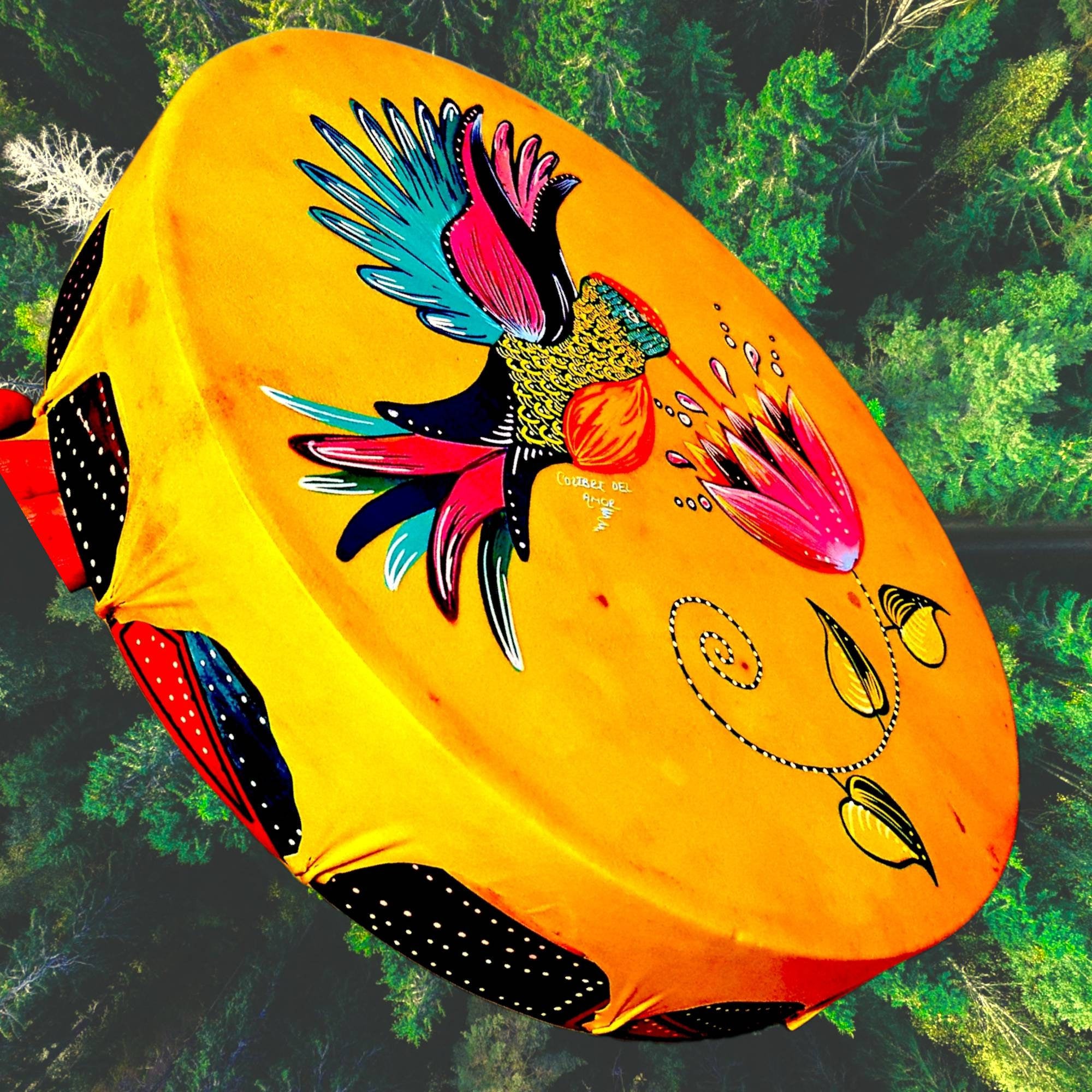 Shamanic Drum ( hummingbird) Available   15" 16" 18" 20" ( Goat)  Rounded YELLOW