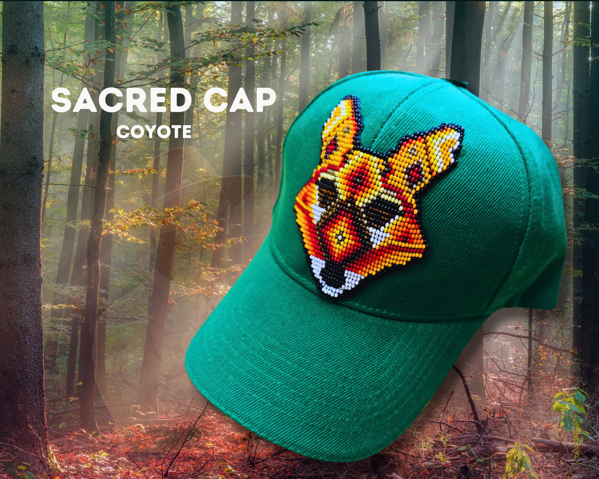 Native American Shamanic Baseball cap with Sacred Embroidery Coyote GREEN