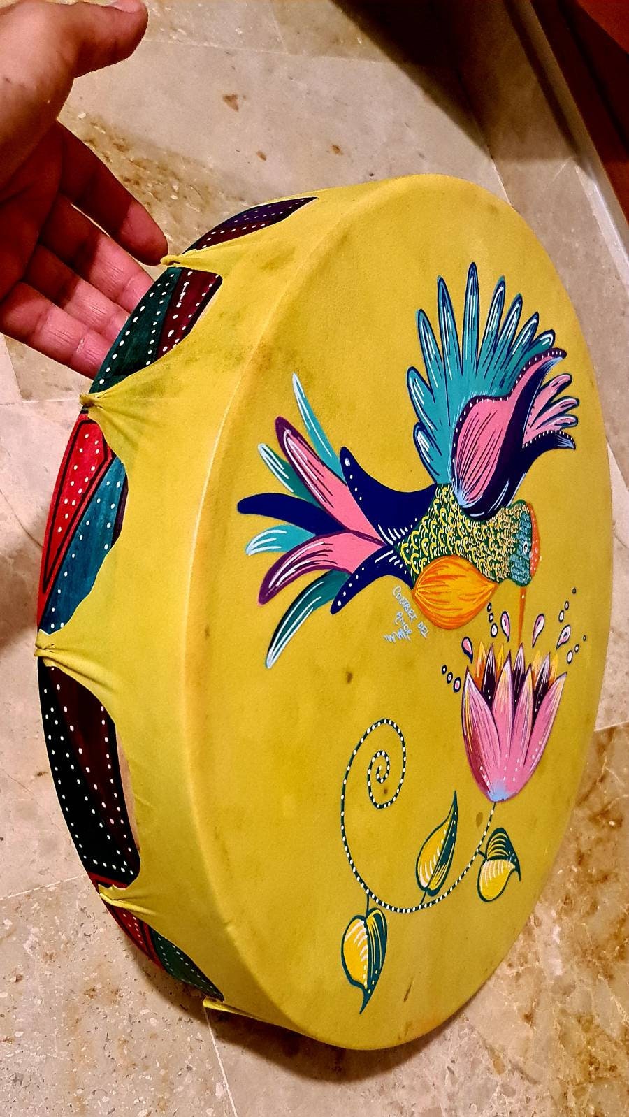 Shamanic Drum ( hummingbird) Available   15" 16" 18" 20" ( Goat)  Rounded YELLOW – 16 inches, Purple