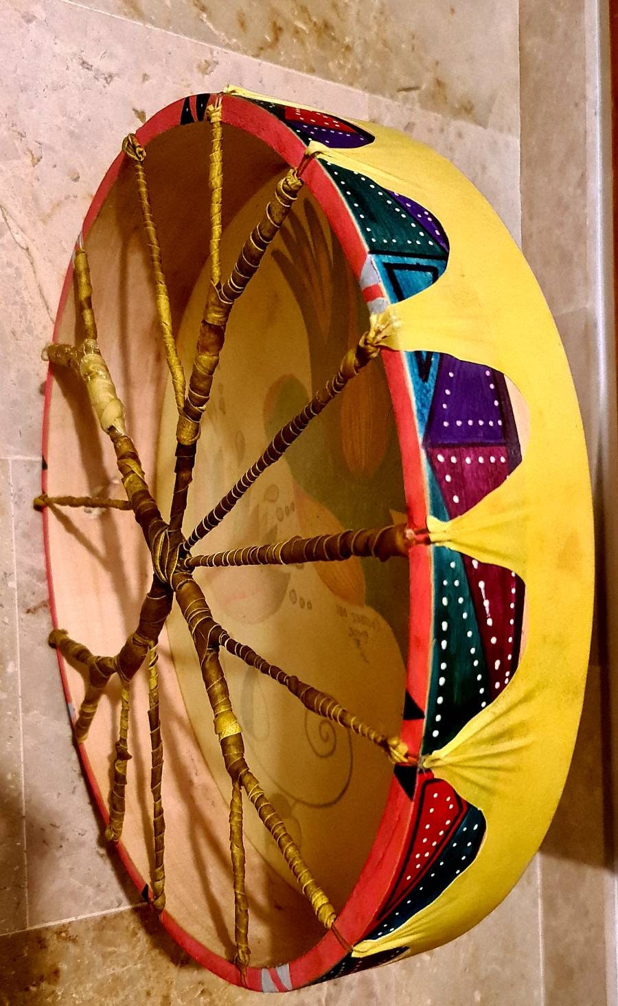 Shamanic Drum ( hummingbird) Available   15" 16" 18" 20" ( Goat)  Rounded YELLOW – 16 inches, Black