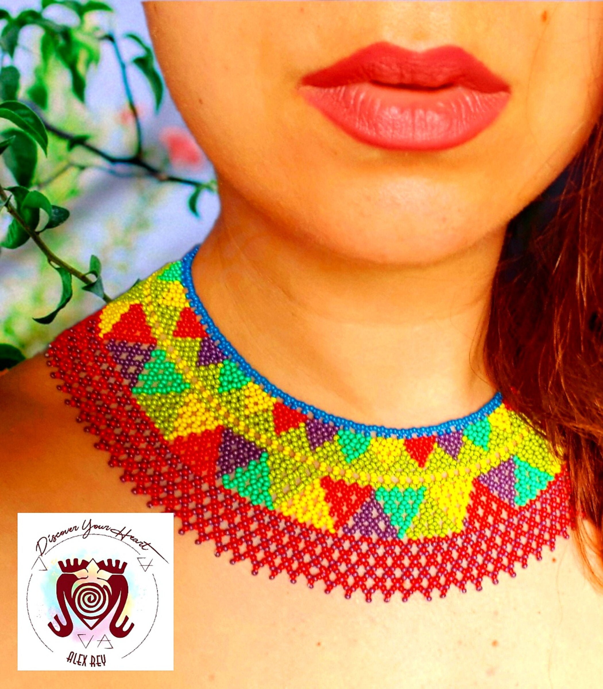 Necklace Shamanic Native Beaded Bib Loom, Seed Bead. (Red, Yellow)