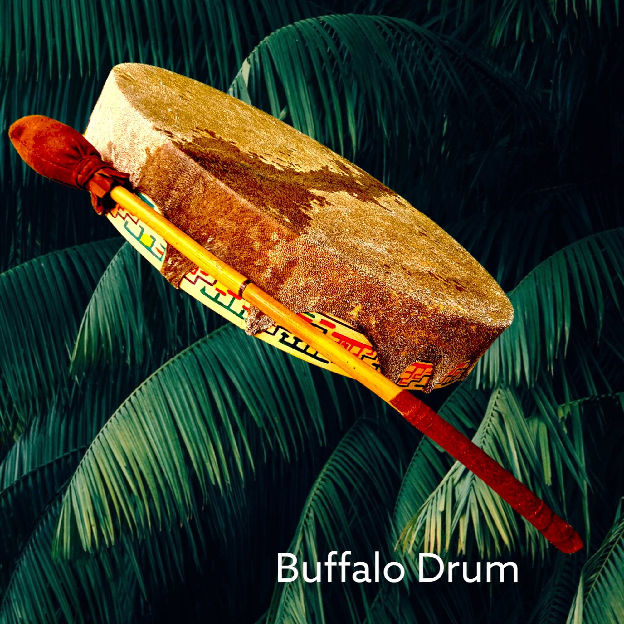 Buffalo Shamanic Drum: Colorful Design, Rounded or Octagon – 16 inches, Red