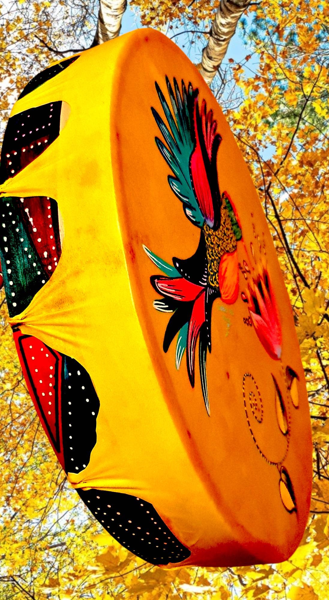 Shamanic Drum ( hummingbird) Available   15" 16" 18" 20" ( Goat)  Rounded YELLOW – 15 inches, Red