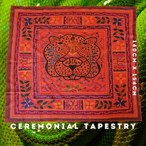 Tapestry 140cm x 154cm Embroidery - The Red Jaguar - Shamanic Symbols