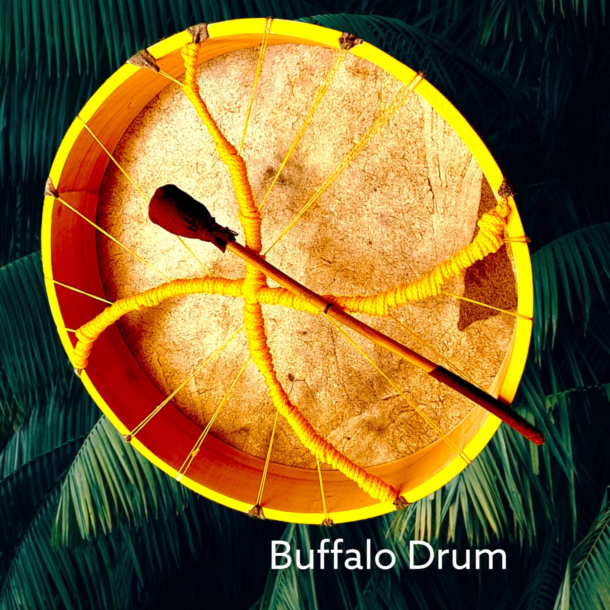 Buffalo Shamanic Drum: Colorful Design, Rounded or Octagon – 16 inches, Yellow