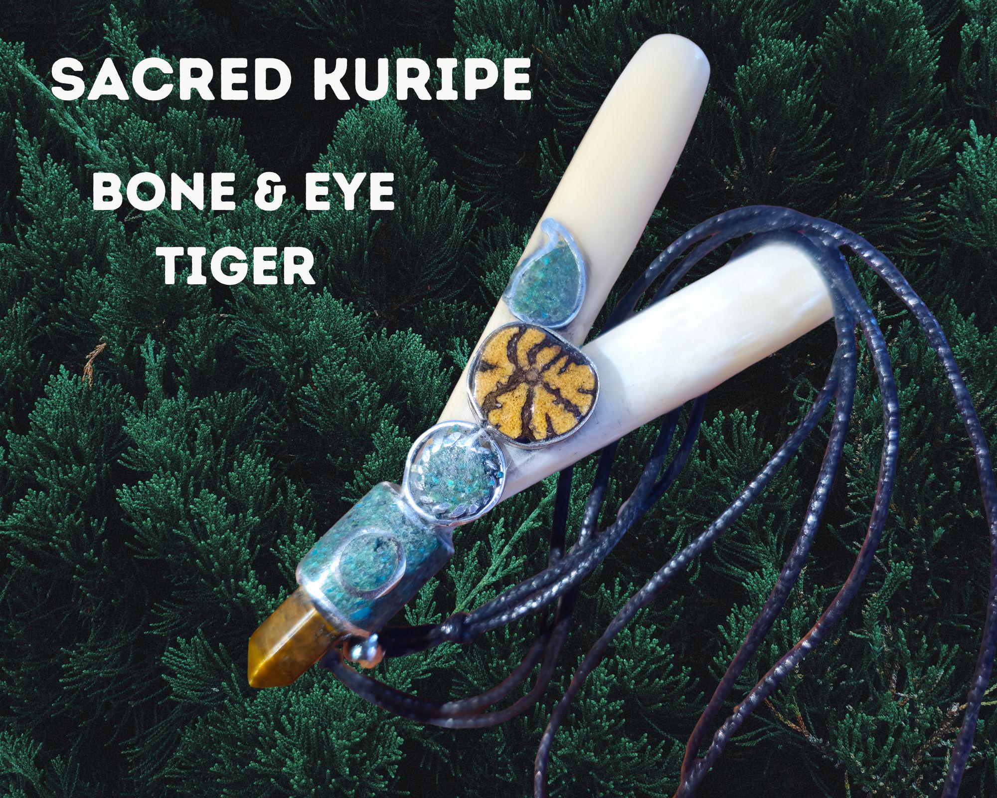 Kuripe Self Applicator Lama Bone Ayahuasca Slice Eye Tiger Stone
