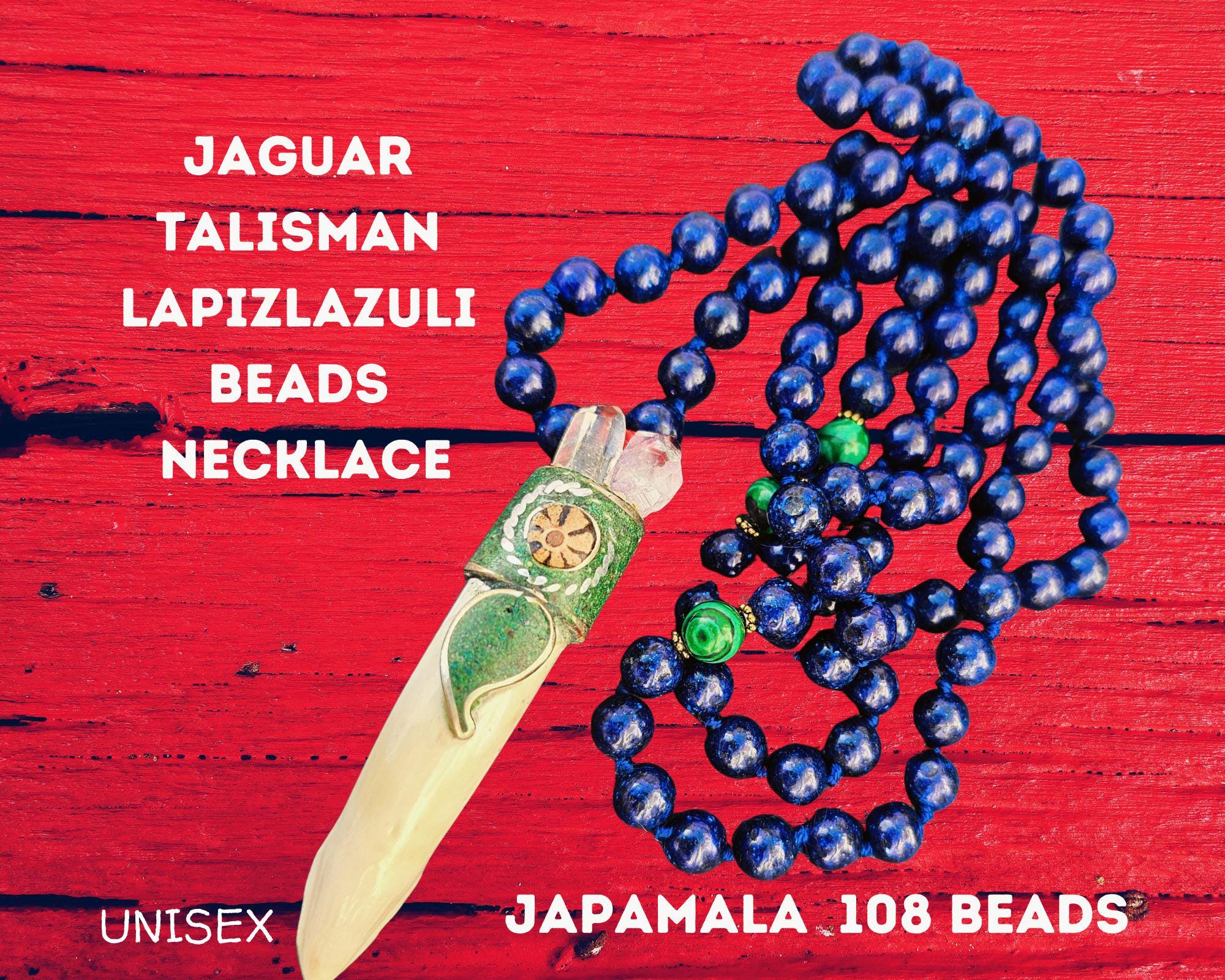 Jaguar Talisman,  lapis lazuli, Necklace 108 beads, 8MM, 61 Length