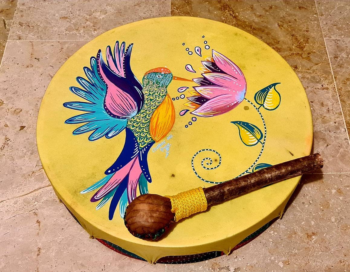 Shamanic Drum ( hummingbird) Available   15" 16" 18" 20" ( Goat)  Rounded YELLOW – 15 inches, Yellow