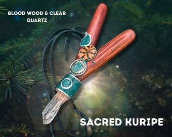 Tranche d'Ayahuasca Blood Wood Kuripe Auto-applicateur Chrysocolle Quartz clair