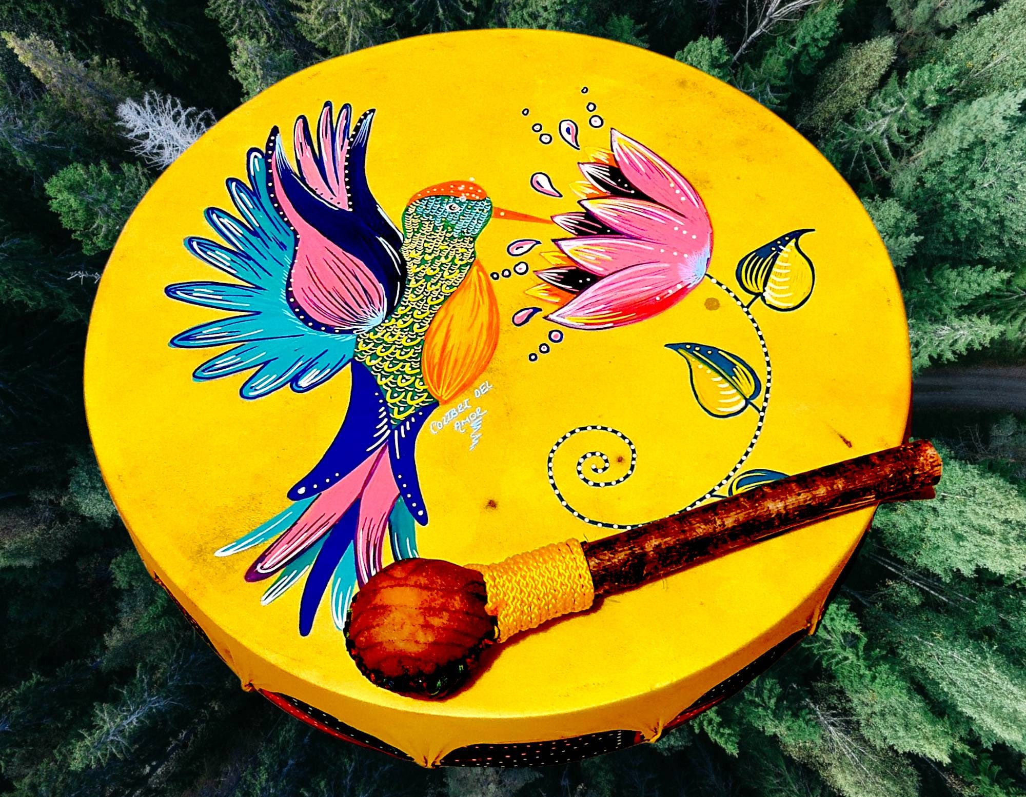 Shamanic Drum ( hummingbird) Available   15" 16" 18" 20" ( Goat)  Rounded YELLOW – 18 inches, Black