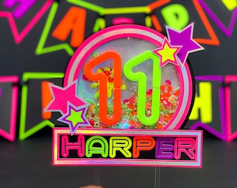 Neon Theme Cake Topper | Personalized Cake Topper | Glow in the Dark Theme Party | Neon Theme Party| Cake Topper with Shaker and LED Lights