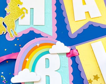 Unicorn Rainbow Birthday Banner | Pastel Rainbow Theme Party | Happy Birthday Banner | Personalized Banner
