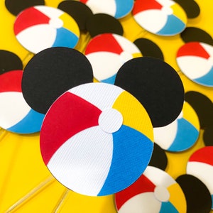 Set of 12 Cupcake Toppers | Mickey Beach Balls Theme Party | Beach Birthday Cupcake Toppers | Pool Party Cupcake Toppers |