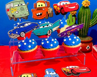 Zestaw 12 ozdób na babeczki | Ozdóbka na babeczkę z motywem filmu Disney Auta | Dekoracje na imprezę Disney Auta | Motyw Disney Auta | Akcesoria urodzinowe z motywem filmu Auta |
