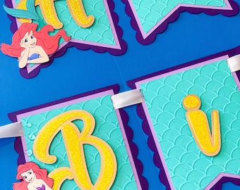 Banner de feliz cumpleaños de Disney Ariel / Fiesta de niñas Tema de La Sirenita / Bajo el mar / Guirnalda de cola de sirena / Princesa del océano submarino /