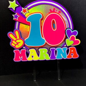 Neon Theme Cake Topper | Personalized Cake Topper | Glow in the Dark Theme Party | Neon Theme Party| 80s Theme | Peace Cake Topper