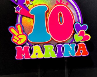 Neon Theme Cake Topper | Personalized Cake Topper | Glow in the Dark Theme Party | Neon Theme Party| 80s Theme | Peace Cake Topper