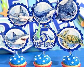 Set of 12 Under the Sea Cupcake Toppers| Ocean Birthday Decorations| Shark Birthday Cupcake Picks| Personalized Party Decor| Whale Shark