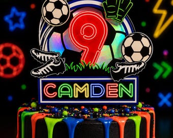 Decorazione per torta a tema calcio al neon / Festa a tema fosforescente / Festa a tema neon / Decorazione per torta con shaker e luci LED
