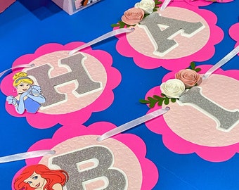 Hot Pink Happy Birthday Banner | Disney Princesses Theme Party | Princess Birthday Banner | Disney Princess Banner