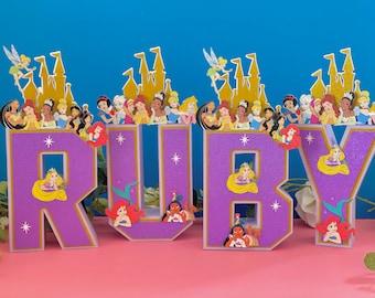 Purple Glitter Princess 3D Letters or Numbers | Princess Party  Birthday Decor | Princess Castle Wall Art | Disney Princess Centerpiece Room