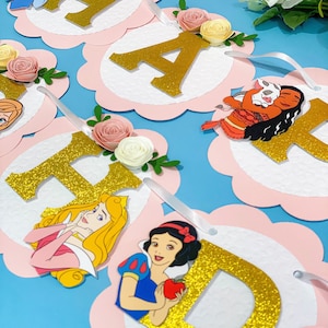 Princess Happy Birthday Banner With Gold Letters | Disney Princesses Theme Party | Princess Birthday Garland | Disney Princess Banner|