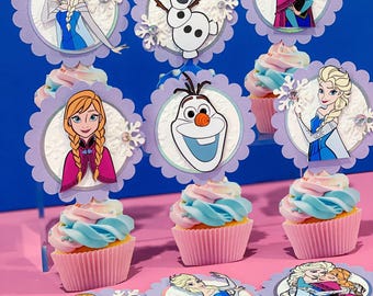 Set med 12 Frost muffinsdekorationer | Disney Prinsessan Elsa temafest | Prinsessans födelsedagsmuffinsdekorationer | Disney Prinsessan muffinsdekorationer |