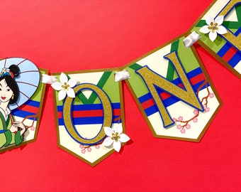 Bannière pour chaise haute ONE | Décoration d'anniversaire des princes Disney Mulan | Articles de fête Mulan | Célébration de la princesse guerrière | Anniversaire de Mulan et Mushu