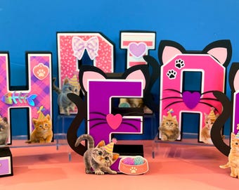 Cute Kitties 3D Letter or Number with Name | Cats Party Theme | Pet Lovers Party Decor| 3D Centerpiece
