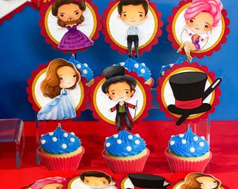 May include: A set of 10 cupcake toppers featuring characters from the musical The Greatest Showman. The toppers are printed on round, white circles with gold glitter borders and red scalloped edges. The characters include a bearded lady, a ringmaster, a trapeze artist, and a strongman.