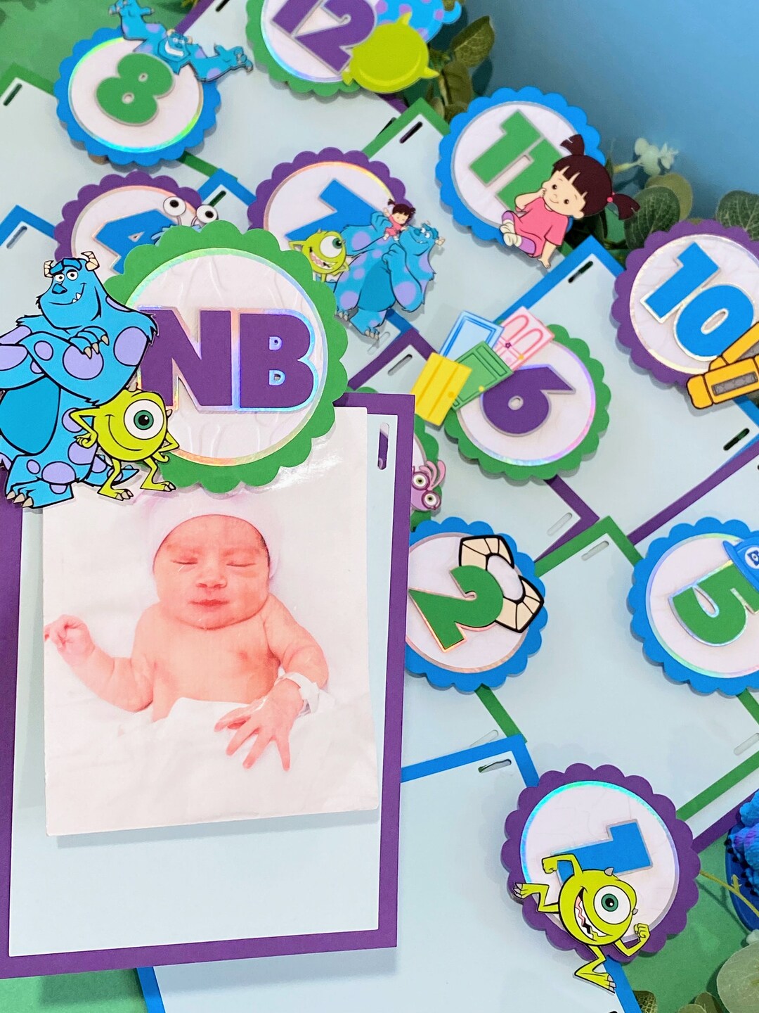 BLACK&BOWS Boss Boy 1st Birthday Party Decorations, 12 Monthly Milestone Photo Banner, Photo Table Centerpieces, Cardstock Material, Blue & Black, Cartoon Pattern, Boss Boy Theme
