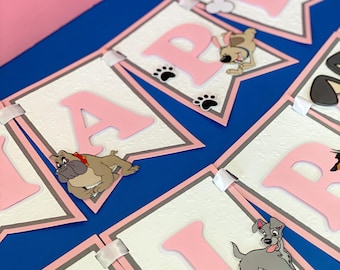 Pink Disney Dogs Theme Banner | Dogs Birthday Banner | Personalized Birthday Banner | Disney Pets Theme Party | Party Decorations