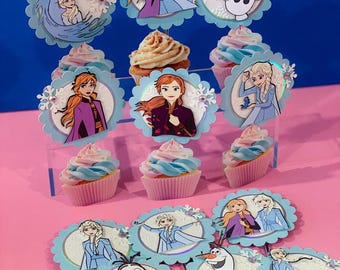 Set med 12 Frost 2 muffinsdekorationer | Disney Prinsessan Elsa temafest | Prinsessans födelsedagsmuffinsdekorationer | Disney Prinsessan muffinsdekorationer