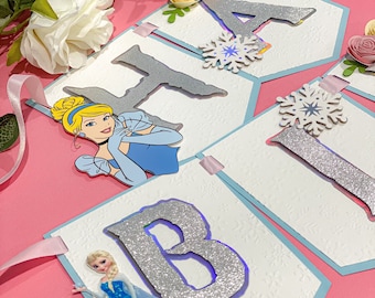 Happy Birthday Banner | Cinderella and Frozen Elsa Princess Theme Party | Cinderella Birthday Banner | Disney Princess Banner
