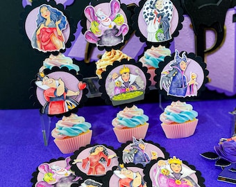 Set of 12 Cupcake Toppers | Disney Villains Theme Party | Princess Villains Birthday Cupcake Toppers | Evil Queen Maleficent Cupcake Toppers