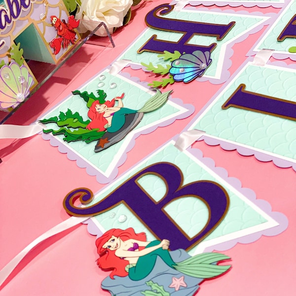 Disney Ariel Happy Birthday Banner | Girls Party Little Mermaid Theme | Under the Sea | Mermaid Tail Garland | Underwater Ocean Princess |