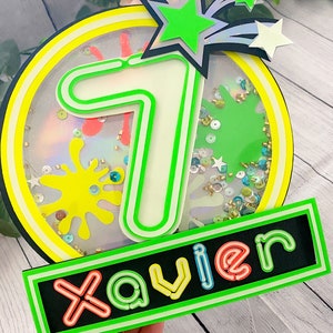 Neon Theme Cake Topper | Personalized Cake Topper | Glow in the Dark Theme Party | Neon Theme Party| Cake Topper with Shaker and LED Lights