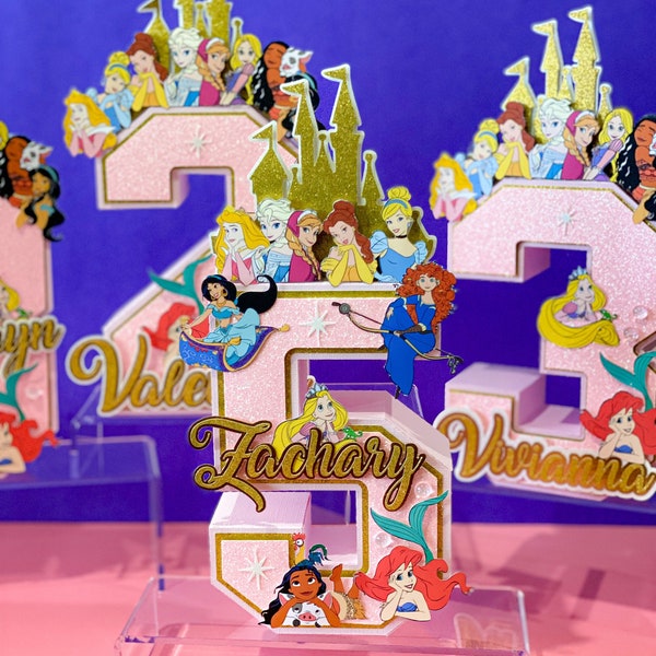 Lettres ou chiffres 3D Princess avec nom | Thème de fête de princesse | Anniversaire princesse | Décorations de fête pour filles | Centres de table Princesses Disney