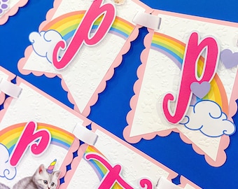 Pancarta con temática de unicornios y gatos arcoíris / Pancarta de cumpleaños para mascotas / Pancarta de cumpleaños personalizada / Fiesta temática de gatitos / Decoraciones para fiestas