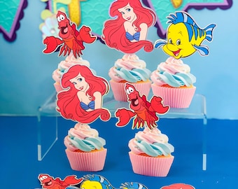 Set van 12 cupcaketoppers | Ariel-themafeest kleine zeemeermin | Prinses verjaardag cupcake toppers | Disney-prinses-cupcaketoppers |