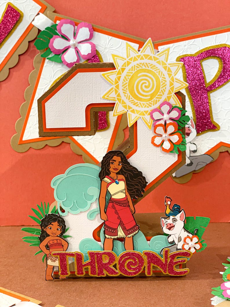 May include: A colorful birthday banner with a tropical theme. The banner features the word "THRONE" in glittery red letters, along with cutouts of Moana and other characters. The background includes a large number "4" and decorative flowers.