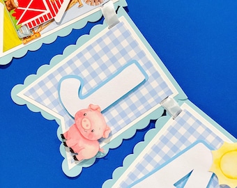 Farm Birthday Banner | Barnyard Baby Shower Decorations | Farm Animal Name Banner | Blue Gingham Farm Theme | Personalized Farm Party Decor