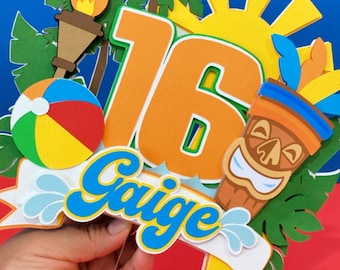 Tiki Pool Party-taarttopper | Taarttopper strandfeest | Zomerthemafeest | Verjaardagsthema zwembadfeest | Strandbal | Verjaardagsfeestje surfer