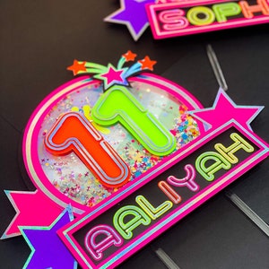 Neon Theme Cake Topper | Personalized Cake Topper | Glow in the Dark Theme Party | Neon Theme Party| Cake Topper with Shaker and LED Lights