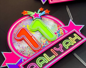 Neon Theme Cake Topper | Personalized Cake Topper | Glow in the Dark Theme Party | Neon Theme Party| Cake Topper with Shaker and LED Lights
