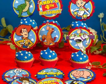 Set of 12 Cupcake Toppers | Toy Story Theme Party | Disney Woody Birthday Cupcake Toppers | Buzz Cupcake Toppers |
