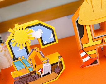 Letras 3D com tema de construção | Festa com tema de transporte | Aniversário com tema de escavadeira | Decoração para quarto de bebê | Chá de bebê