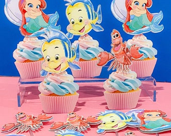 Set of 12 Cupcake Toppers | Disney Baby Princess Ariel Theme | Mermaid Cake Decor Set | Magical Party Supplies | Little Mermaid Keepsake   |