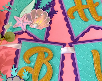 Banner de feliz cumpleaños de sirena / Fiesta de niñas Tema de la Sirenita / Bajo el mar / Guirnalda de cola de sirena / Princesa del océano submarino /